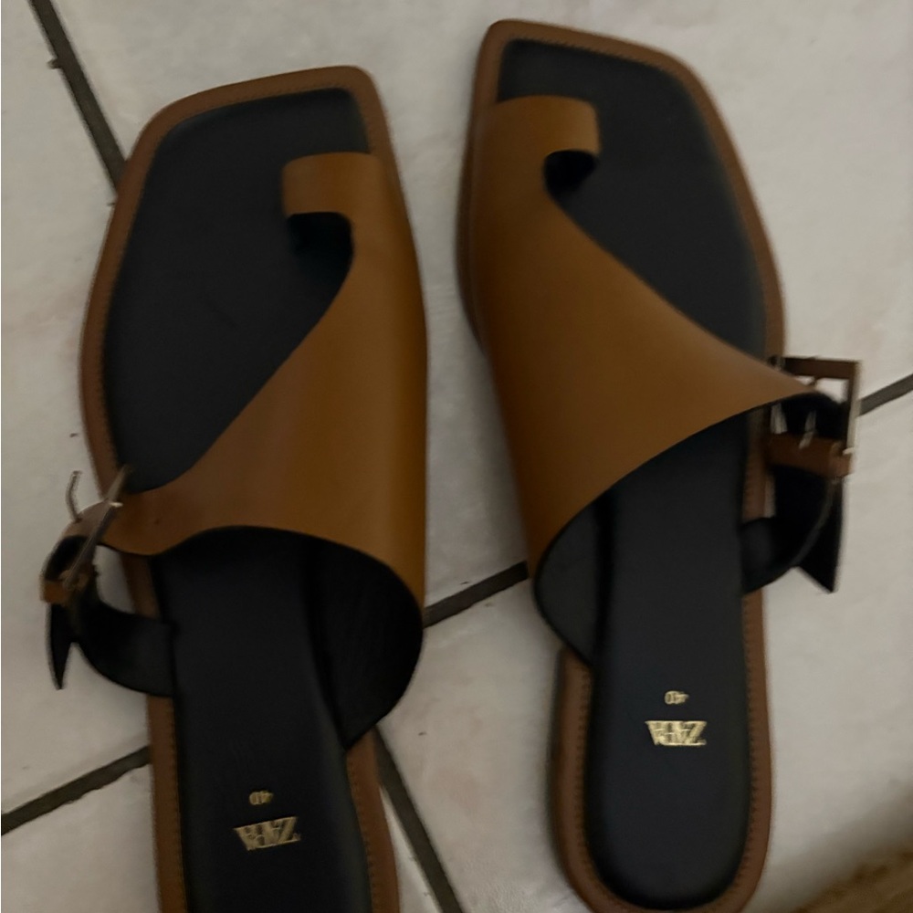 Zara Brown and Black Geometric Sandals asymmetric